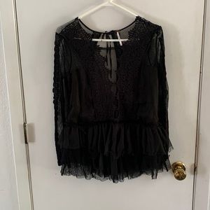 Free People black sheer mesh long sleeve open back distressed top crochet lace
